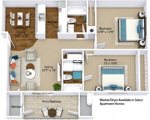 Floor plan for 2 beds, 2 baths, 912 sqft